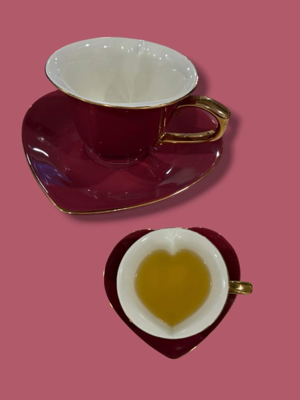 Heart-Shaped Teacup and Saucer Set in Deep Burgundy with Gold Trim